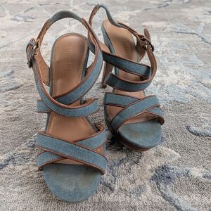 Kelly & Katie Denim Strappy High Heel Sandals with Tan Trim